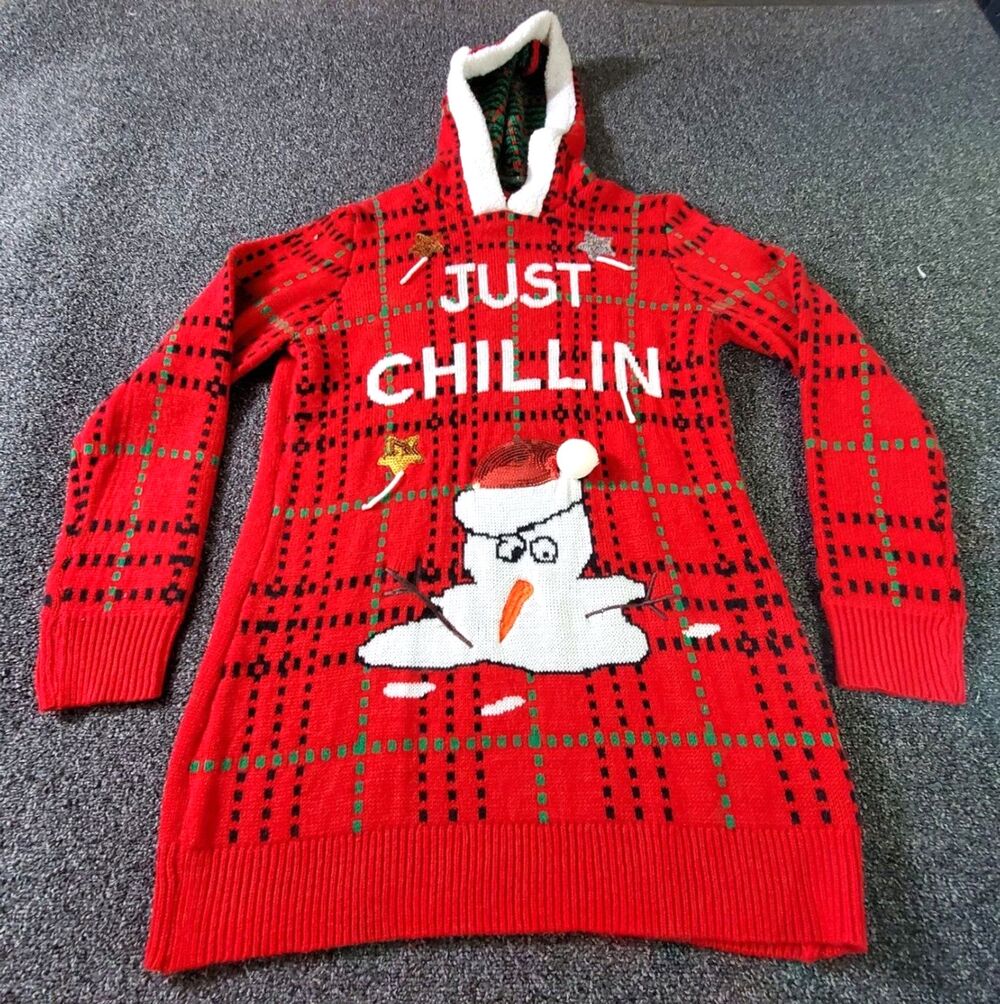 NOBO Christmas Sweater Women's XXL 19 Red Plaid Fleece Trim Hoodie Snowman